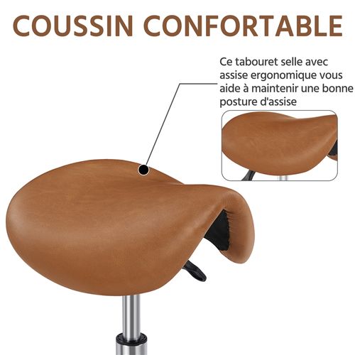Tabouret Selle De Cheval à Roulettes Réglable En Hauteur Tabouret En Similicuir, Brun Rustique