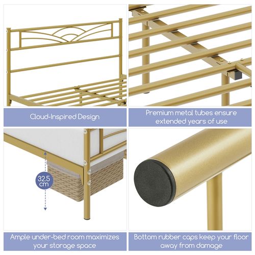 Cadre De Lit Double 140×200 Cm En Métal à 6 Pieds Avec Lattes En Métal, Or Antique