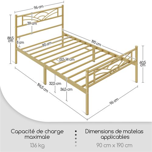 Cadre De Lit Simple 90×190 Cm En Métal à 6 Pieds Avec Lattes En Métal, Or Antique
