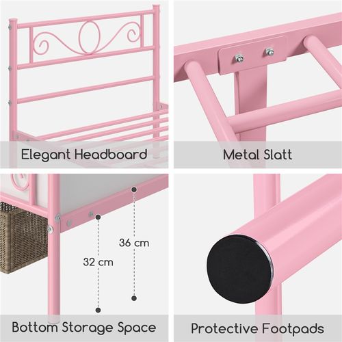 Cadre De Lit Simple 90×190 Cm En Métal Avec Sommier à Lattes Pour Matelas, Rose