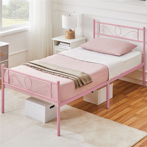 Cadre De Lit Simple 90×190 Cm En Métal Avec Sommier à Lattes Pour Matelas, Rose