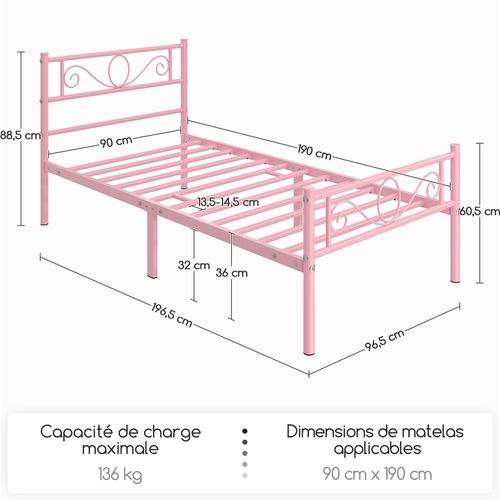 Cadre De Lit Simple 90×190 Cm En Métal Avec Sommier à Lattes Pour Matelas, Rose