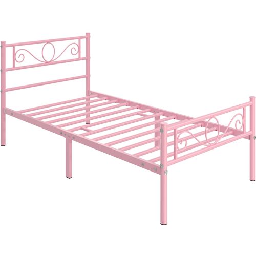 Cadre De Lit Simple 90×190 Cm En Métal Avec Sommier à Lattes Pour Matelas, Rose