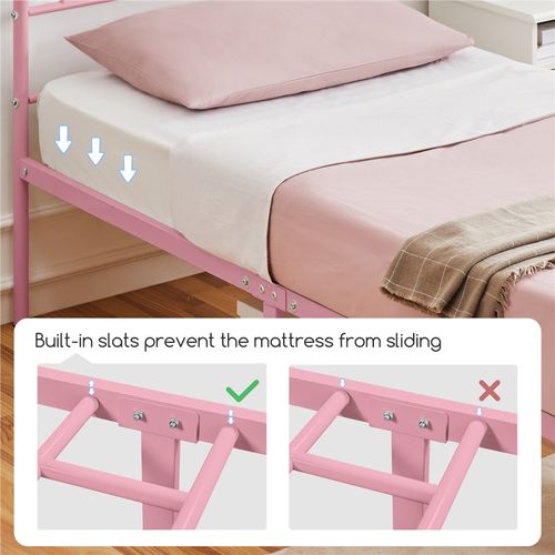 Cadre De Lit Simple 90×190 Cm En Métal Avec Sommier à Lattes Pour Matelas, Rose