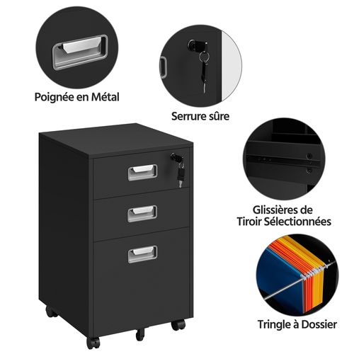 Caisson De Bureau à Roulettes En Bois Avec 3 Tiroirs Pour Dossiers Format A4/format Lettre, Noir