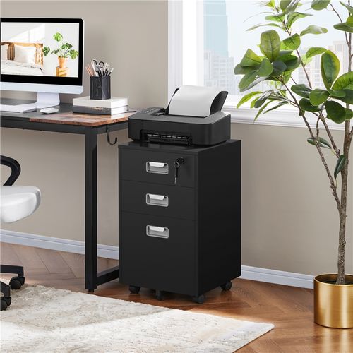 Caisson De Bureau à Roulettes En Bois Avec 3 Tiroirs Pour Dossiers Format A4/format Lettre, Noir