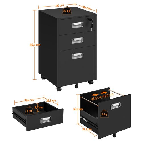 Caisson De Bureau à Roulettes En Bois Avec 3 Tiroirs Pour Dossiers Format A4/format Lettre, Noir