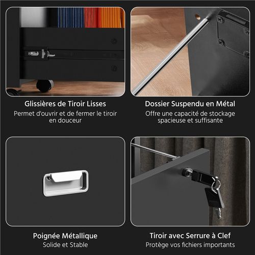 Caisson De Bureau à Roulettes En Bois Avec 2 Tiroirs Pour Dossiers Format A4/format Lettre, Noir