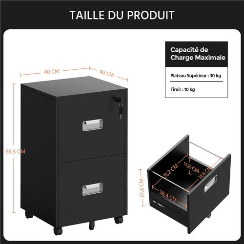 Caisson De Bureau à Roulettes En Bois Avec 2 Tiroirs Pour Dossiers Format A4/format Lettre, Noir