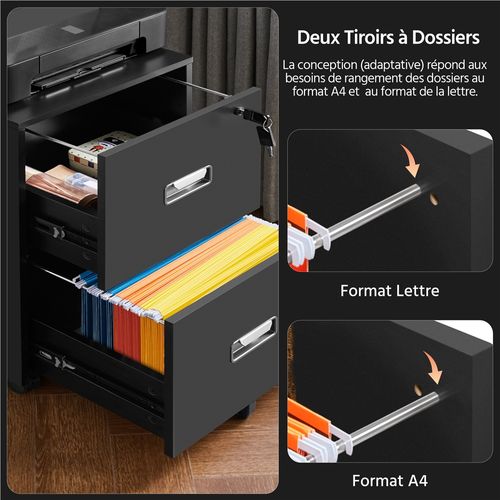 Caisson De Bureau à Roulettes En Bois Avec 2 Tiroirs Pour Dossiers Format A4/format Lettre, Noir