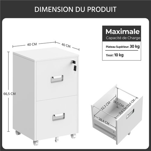 Caisson De Bureau à Roulettes Avec 2 Tiroirs Caisson De Rangement En Bois, Blanc