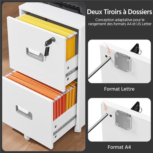 Caisson De Bureau à Roulettes Avec 2 Tiroirs Caisson De Rangement En Bois, Blanc