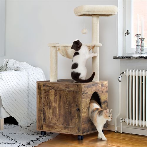 Petit Arbre à Chat Avec Litière, Niche Et Panier Griffoirs Cordes En Sisal, Brun Rustique/ Beige