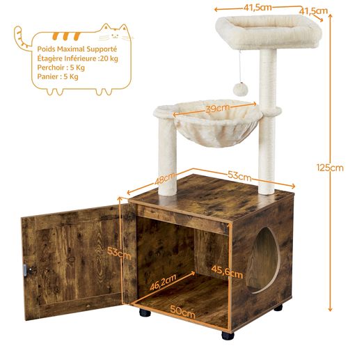 Petit Arbre à Chat Avec Litière, Niche Et Panier Griffoirs Cordes En Sisal, Brun Rustique/ Beige