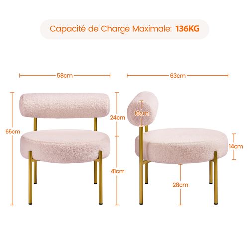 Fauteuil De Relaxation Design Géométrique En Tissu Bouclette Avec Cadre En Métal Doré, Rose