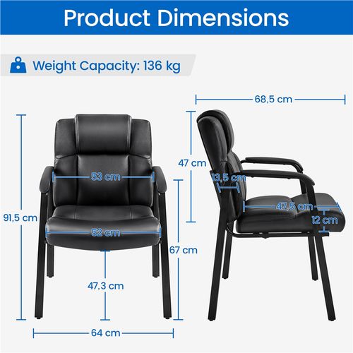 Lot De 2 Chaises Visiteur Avec Accoudoir En Similicuir, Siège Capitonné Et Rembourré, Noir