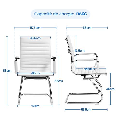 Lot De 2 Chaises Visiteur En Similicuir Avec Accoudoir Recouverts Et Base En Métal, Blanc