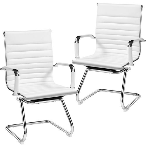 Lot De 2 Chaises Visiteur En Similicuir Avec Accoudoir Recouverts Et Base En Métal, Blanc