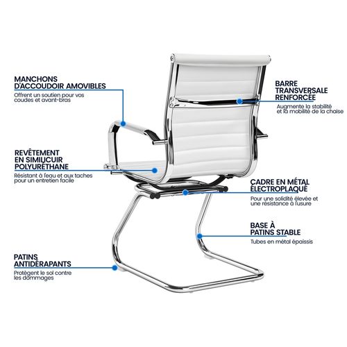 Lot De 2 Chaises Visiteur En Similicuir Avec Accoudoir Recouverts Et Base En Métal, Blanc