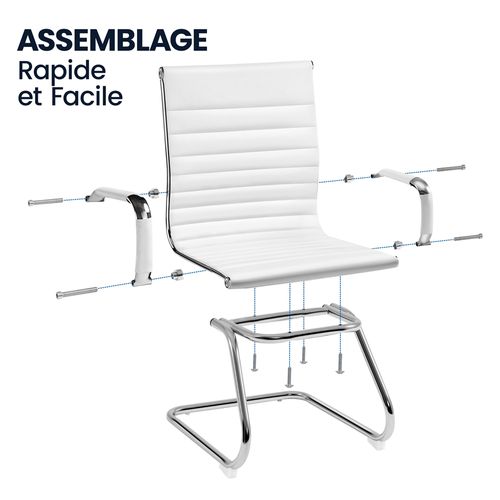 Lot De 2 Chaises Visiteur En Similicuir Avec Accoudoir Recouverts Et Base En Métal, Blanc