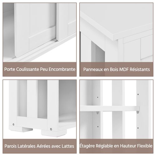 Buffet En Bois Avec 2 Portes Coulissantes Et Étagère Réglable En Hauteur, Blanc