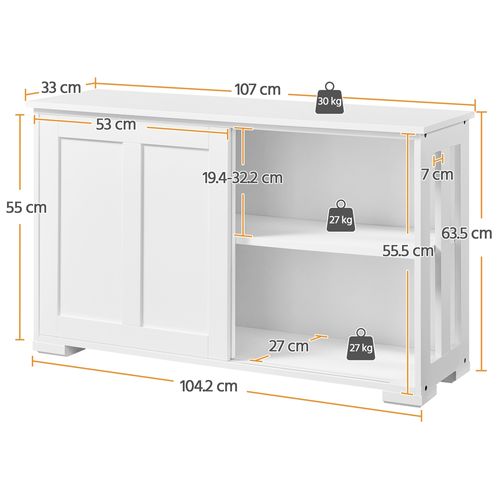Buffet En Bois Avec 2 Portes Coulissantes Et Étagère Réglable En Hauteur, Blanc
