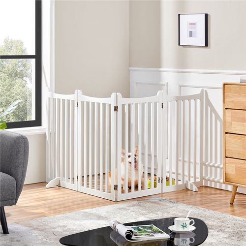 Barrière De Sécurité Chien Pliable En Bois à 4 Panneaux Avec 2 Pieds De Support, Blanc
