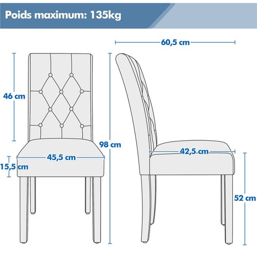 Lot De 6 Chaises De Salle à Manger Haut Dossier Capitonné Et Assise Rembourrées, Gris