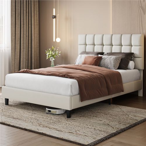 Lit Double Rembourré 140x200cm, Avec Tête De Lit Réglable En Hauteur, En Bois Et Métal, Beige