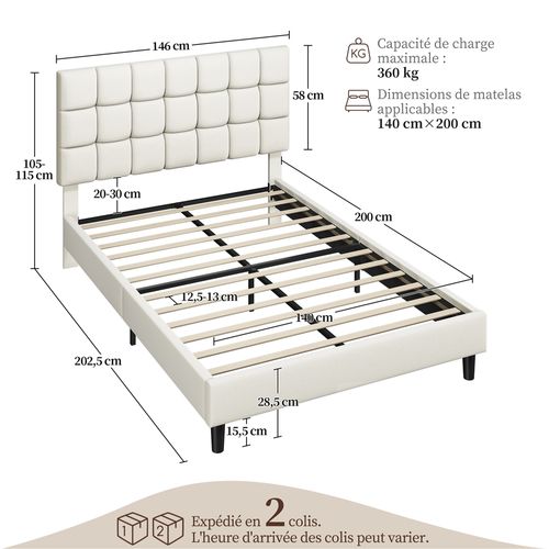 Lit Double Rembourré 140x200cm, Avec Tête De Lit Réglable En Hauteur, En Bois Et Métal, Beige
