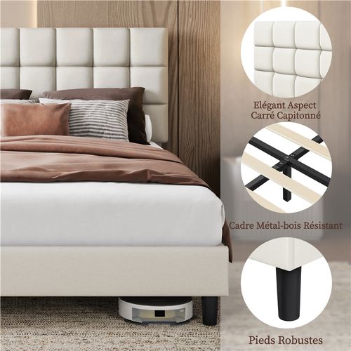 Lit Double Rembourré 140x200cm, Avec Tête De Lit Réglable En Hauteur, En Bois Et Métal, Beige
