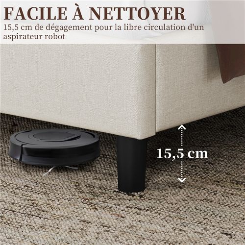 Lit Double Rembourré 140x200cm, Avec Tête De Lit Réglable En Hauteur, En Bois Et Métal, Beige