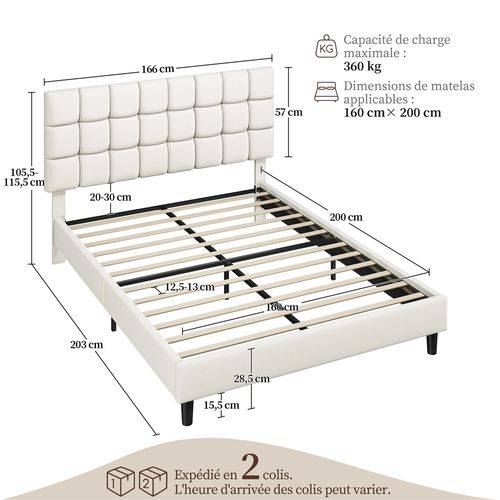 Cadre De Lit Capitonné Carré Tête De Lit Réglable En Hauteur Lit Double 160 × 200 Cm Beige