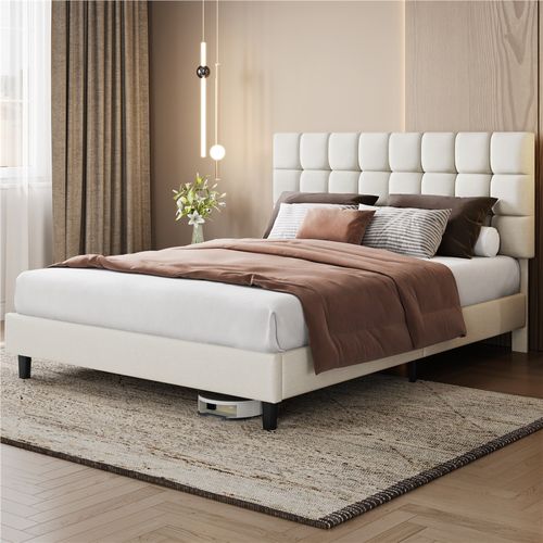 Cadre De Lit Capitonné Carré Tête De Lit Réglable En Hauteur Lit Double 160 × 200 Cm Beige