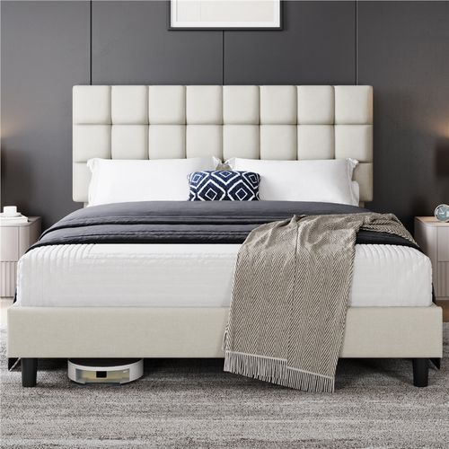 Cadre De Lit Capitonné Carré Tête De Lit Réglable En Hauteur Lit Double 160 × 200 Cm Beige