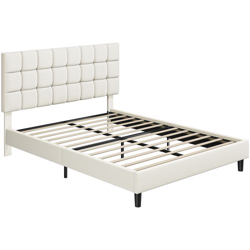 Cadre De Lit Capitonné Carré Tête De Lit Réglable En Hauteur Lit Double 160 × 200 Cm Beige