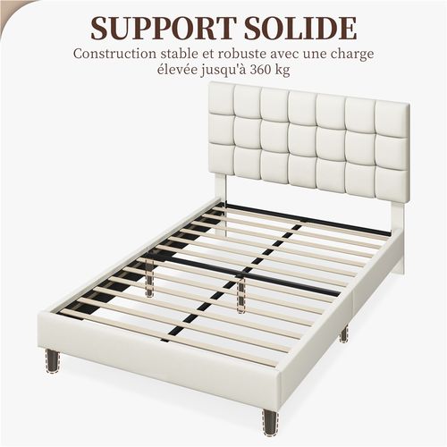 Cadre De Lit Capitonné Carré Tête De Lit Réglable En Hauteur Lit Double 160 × 200 Cm Beige