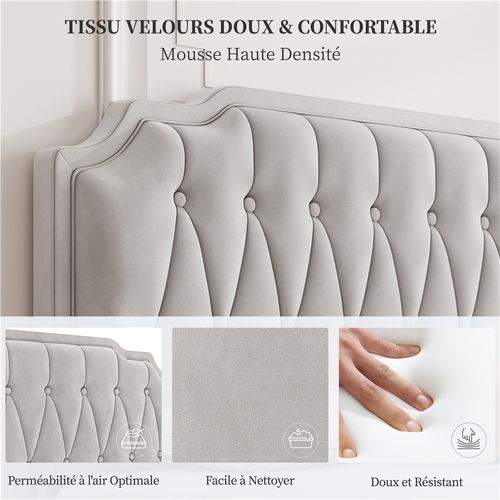 Lit Double Classique En Bois Massif Avec Sommier Et Tête De Lit,160 × 200 Cm, Beige