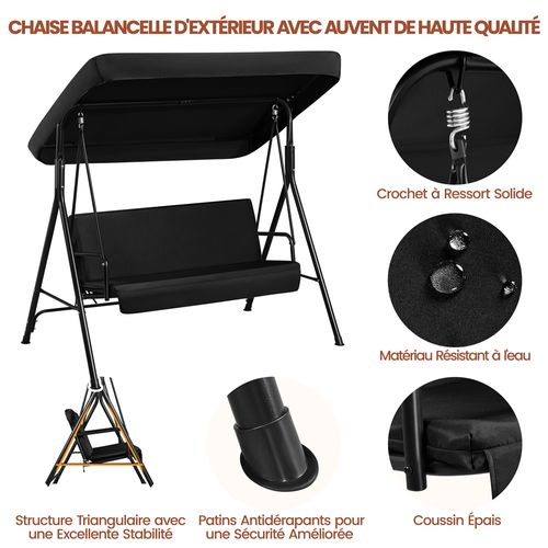 Balancelle De Jardin 3 Places Avec Toit Inclinaison Et Réglable Assise Dossier, Noir