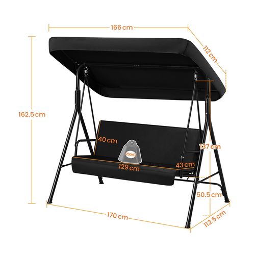 Balancelle De Jardin 3 Places Avec Toit Inclinaison Et Réglable Assise Dossier, Noir
