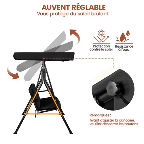 Balancelle De Jardin 3 Places Avec Toit Inclinaison Et Réglable Assise Dossier, Noir