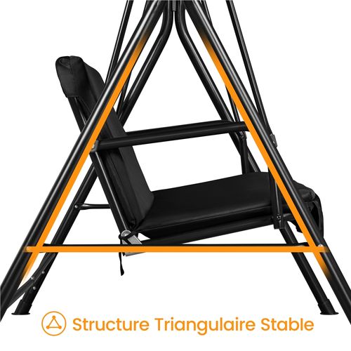 Balancelle De Jardin 3 Places Avec Toit Inclinaison Et Réglable Assise Dossier, Noir