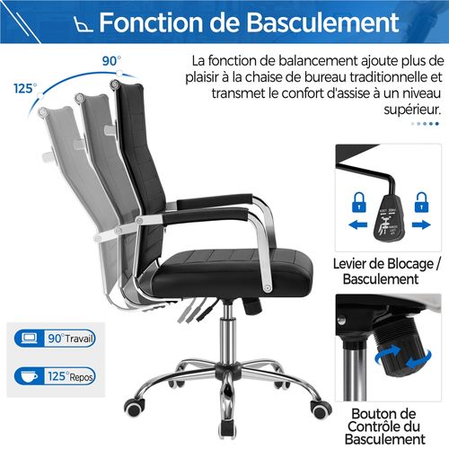 Chaise De Bureau En Similicuir Fauteuil De Direction Inclinable Et Réglable En Hauteur Noir
