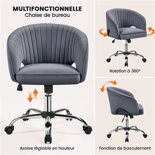 Chaise De Bureau En Velours Avec Roulettes Et Assise Réglable En Hauteur, Gris Foncé