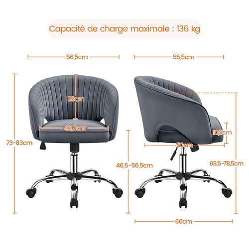 Chaise De Bureau En Velours Avec Roulettes Et Assise Réglable En Hauteur, Gris Foncé