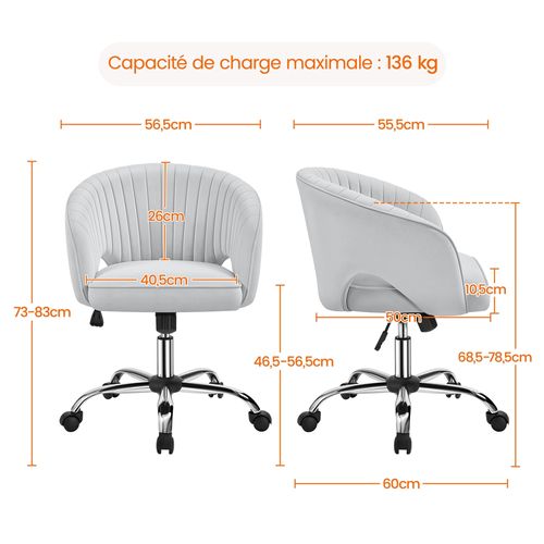 Chaise De Bureau En Velours Avec Roulettes Et Assise Réglable En Hauteur, Gris Clair