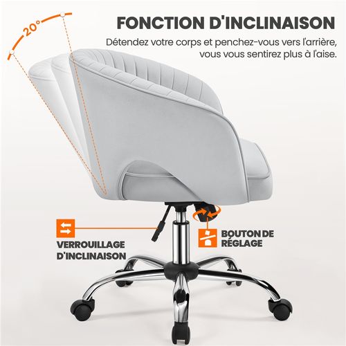 Chaise De Bureau En Velours Avec Roulettes Et Assise Réglable En Hauteur, Gris Clair