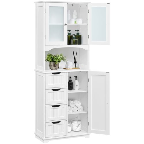 Armoire Colonne Salle De Bain Rangement Haute Blanc 4 Tiroirs Porte En Verre