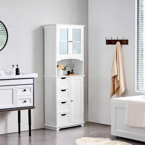 Armoire Colonne Salle De Bain Rangement Haute Blanc 4 Tiroirs Porte En Verre
