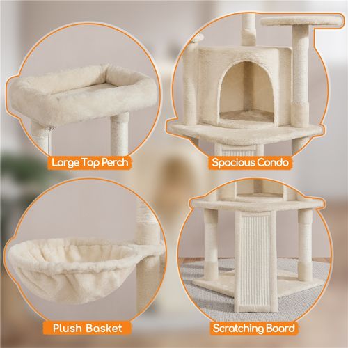 Arbre à Chat Multiniveau Avec Niche Perchoir Panier Poteaux En Sisal Griffoir Boule, Beige